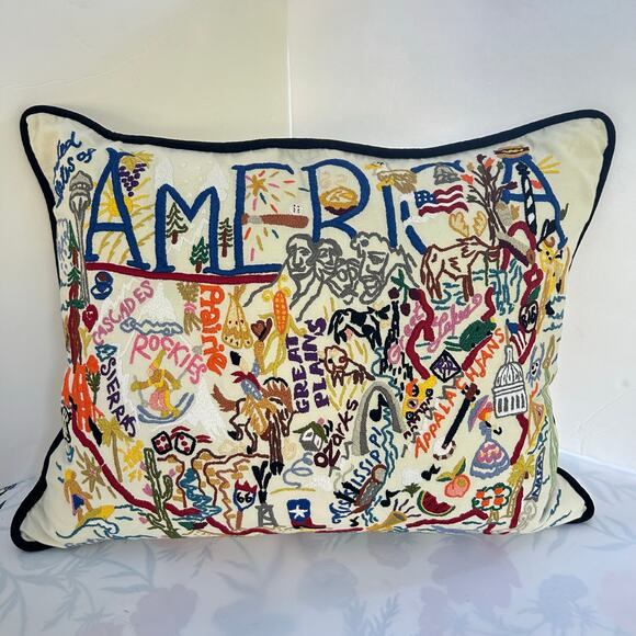 Catstudio AMERICA Embroidered Pillow 18x24 Handmade Colorful USA Decor - Picture 1 of 10